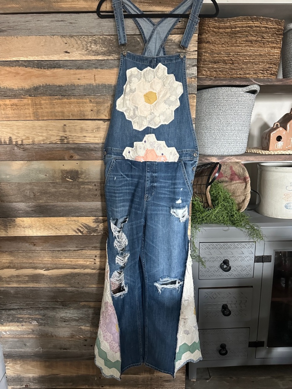 Denim upcycle vintage quilt Floral Patchwork Overalls